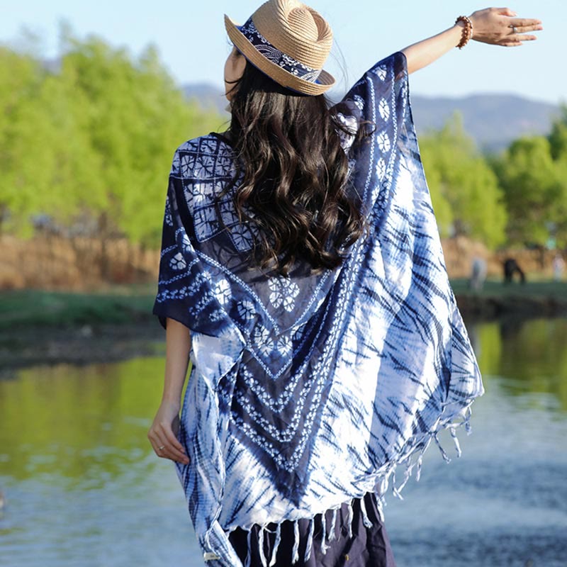 Mythstone Blue Striped Floral Indigo Dyeing Shawl Tassels Cozy Pullover 90*95cm