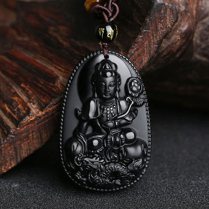 Colgante de obsidiana negra natural con diseño de Buda natal del zodíaco chino Mythstone