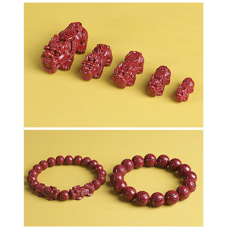 Mythstone Natural Double PiXiu Cinnabar Om Mani Padme Hum Wealth Luck Bead Bracelet