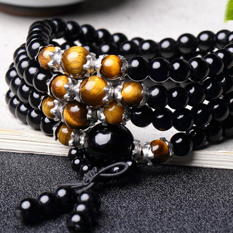 MythStone 108 Beads Natural Black Obsidian Tiger Eye Mala Bracelet