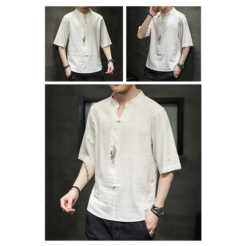 Mythstone Frog-Button Phoenix Embroidery Chinese Tang Suit Short Sleeve Shirt Cotton Linen Men Clothing