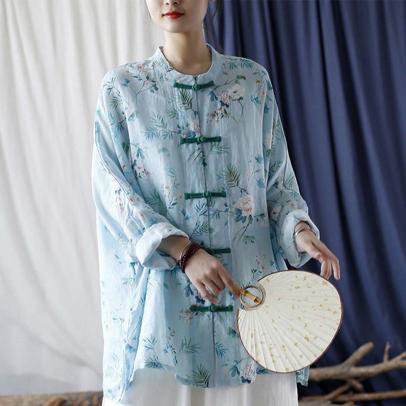 Mythstone Light Green Pink Flowers Green Leaves Frog-Button Long Sleeve Ramie Linen Jacket Shirt