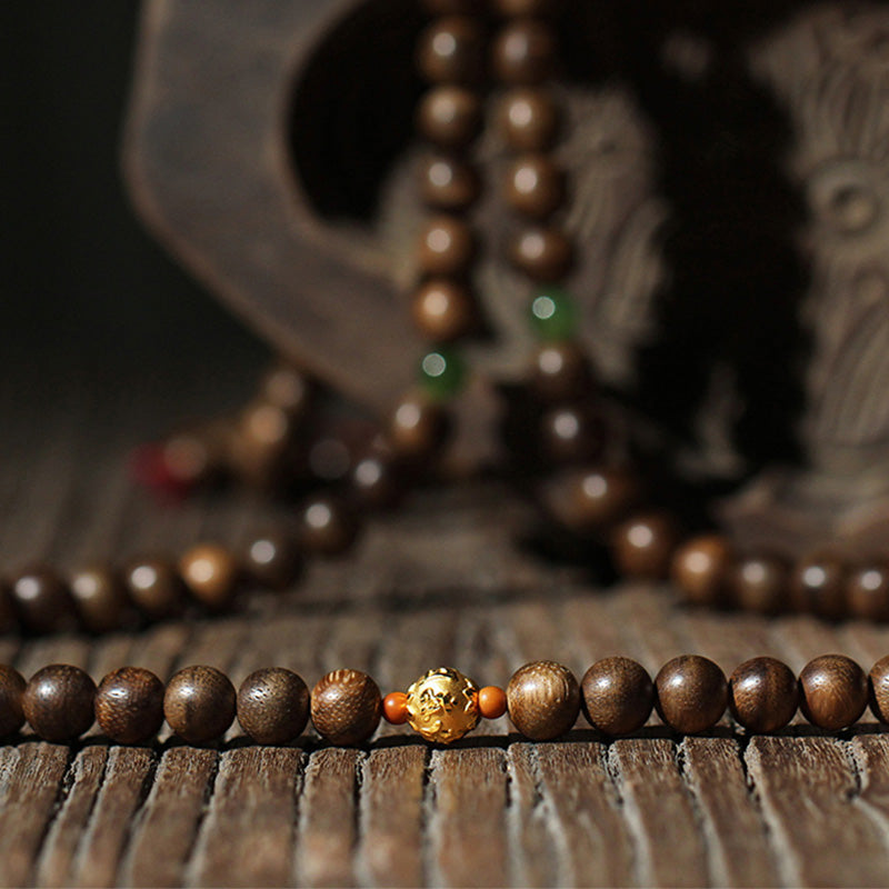 Mythstone 999 Gold 108 Mala Beads Kalimantan Agarwood Cyan Jade Six True Words Strength Bracelet