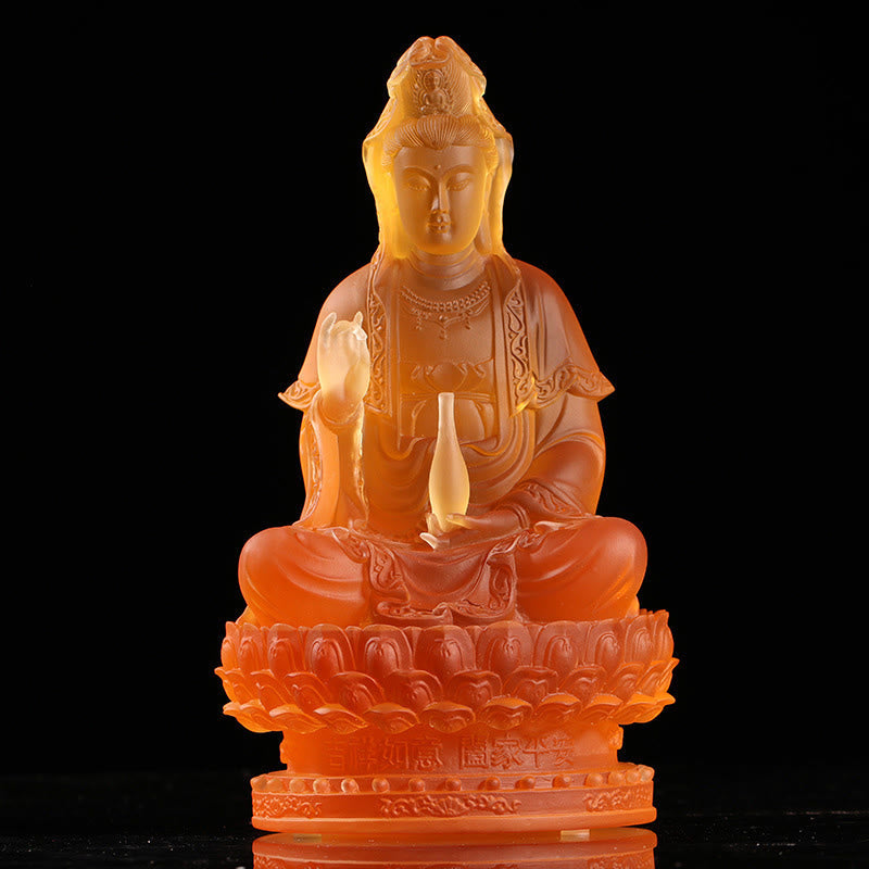 Figura de Avalokitesvara Kwan Yin de Mythstone hecha a mano, pieza de arte de cristal de Liuli, estatua de riqueza, ofrenda para el hogar, decoración