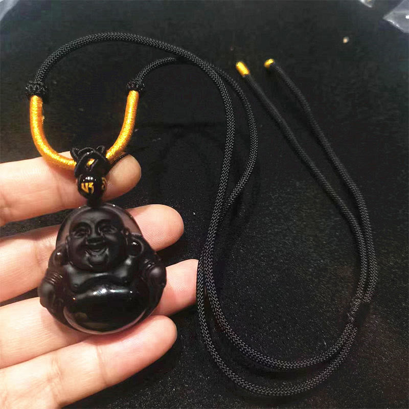 Colgante de collar de purificación de Buda sonriente con obsidiana negra natural y obsidiana de hielo de Mythstone 