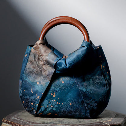 Mythstone Handmade Jacquard Flower Blue Wooden Handle Handbag