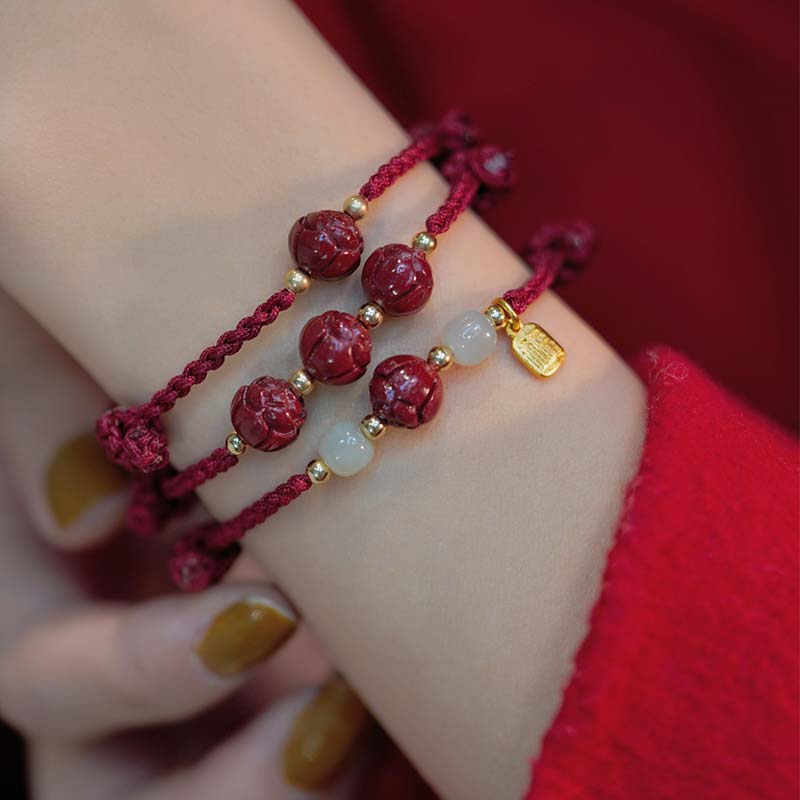 Mythstone Cinnabar Jade Lotus Calm Red String Weave Bracelet