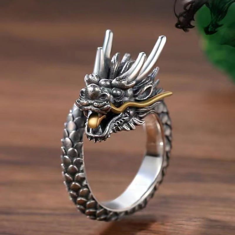 Mythstone 925 Sterling Silver Vintage Dragon Design Protection Strength Adjustable Ring