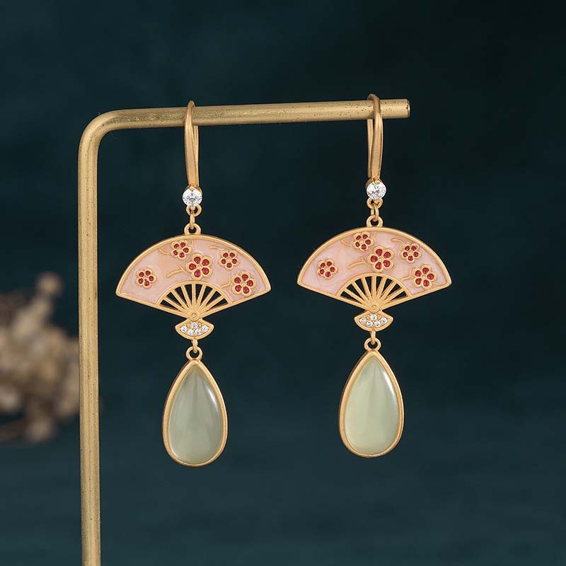 Mythstone Natural Green Aventurine Fan Pattern Luck Drop Earrings