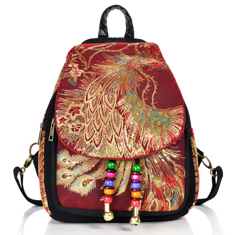 Mythstone Peacock Embroidery Canvas Tassel Backpack