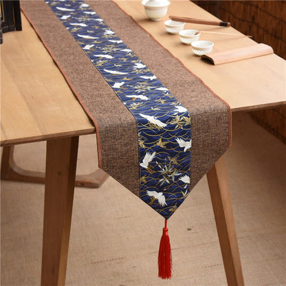 Mythstone Classic Chinese Style Lotus Koi Fish Flower Crane Calligraphy Enlightenment Cotton Linen Tassels Table Runner