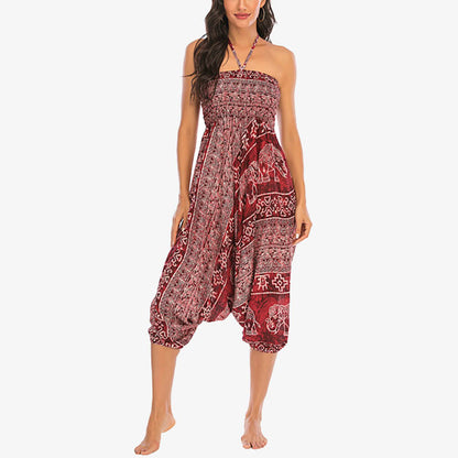 Mythstone Two Style Wear Elephant Pattern Loose Smocked Harem Trousers Jumpsuit Women's Yoga Pants