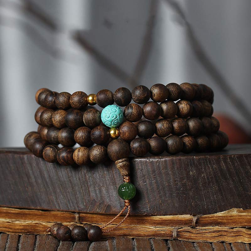 MythStone 108 Mala Beads Nha Trang Agarwood Turquoise Prayer Meditation Bracelet Mala