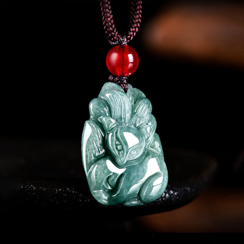 Mythstone Natural Green Jade Nine-Tailed Fox Engraved Prosperity Necklace Pendant