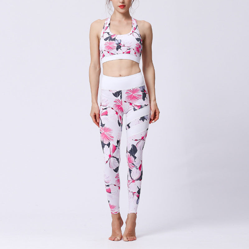 Mythstone 2Pcs Sunflower Flowers Leaves Print Top Pants Sports Fitness Yoga Women's Yoga Sets