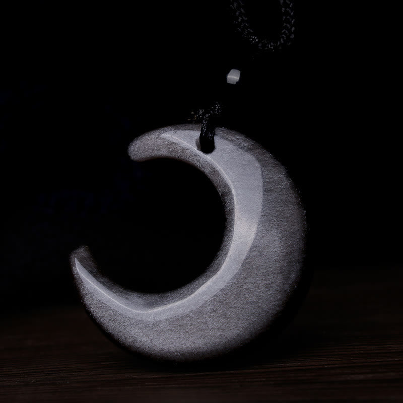 Mythstone Natural Silver Sheen Obsidian Selenite Crystal Crescent Moon Yin Yang Couple Protection Necklace Pendant