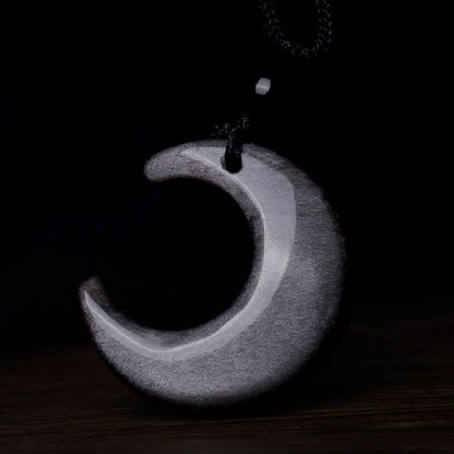 Mythstone Natural Silver Sheen Obsidian Selenite Crystal Crescent Moon Yin Yang Couple Protection Necklace Pendant