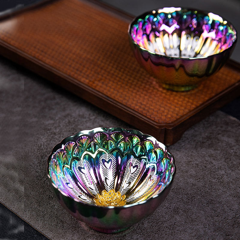 Mythstone Peacock Lotus Feathers Gold Inlaid Rainbow Color Jianzhan Ceramic Teacup Kung Fu Tea Cup