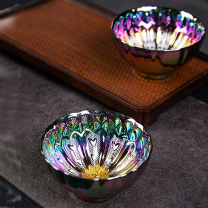 Mythstone Peacock Lotus Feathers Gold Inlaid Rainbow Color Jianzhan Ceramic Teacup Kung Fu Tea Cup