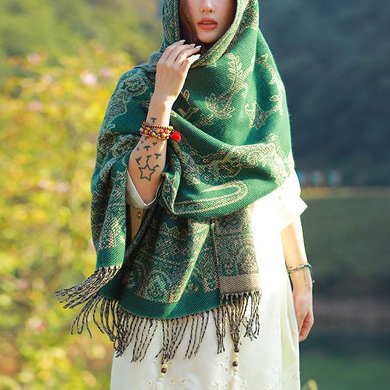 Mythstone Vintage Tibetan Leaves Pattern Design Shawl Cozy Travel Scarf Wrap