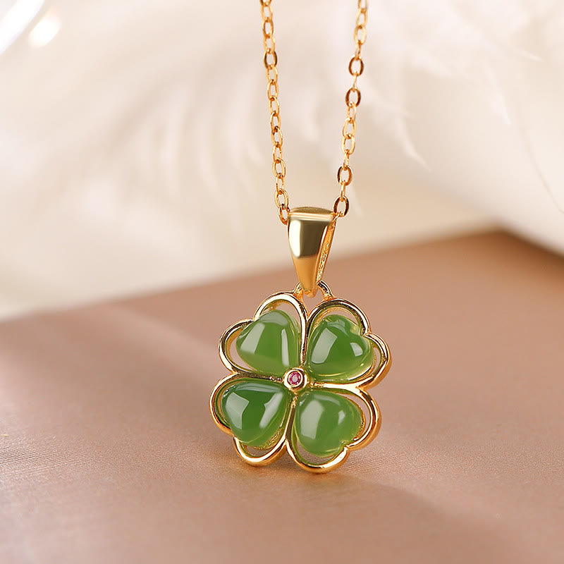 Mythstone 925 Sterling Silver Hetian Cyan Jade Lucky Four Leaf Clover Healing Necklace Pendant