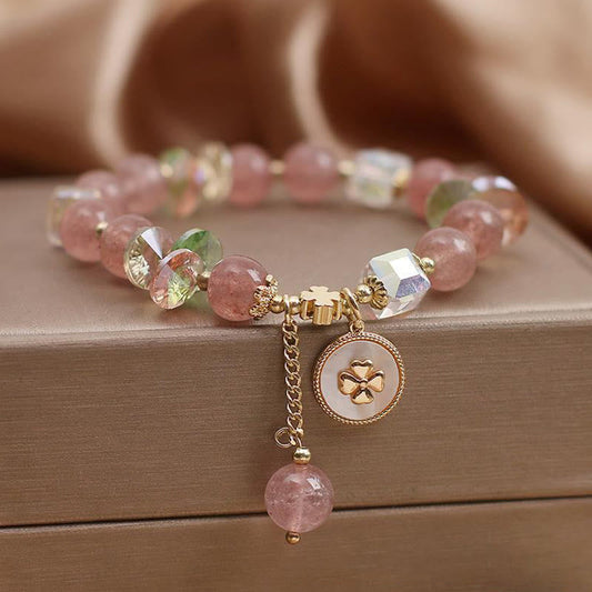 Mythstone Strawberry Quartz Lucky Four Leaf Clover Healing Charm Bracelet