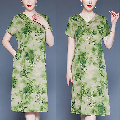 Mythstone V-Neck Green Leaves Flowers Pattern Short Sleeve Midi Dress With Pockets