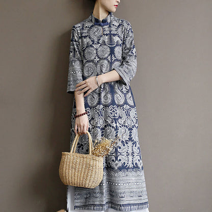 Mythstone Blue And White Porcelain Pattern Frog-button Midi Dress Three Quarter Sleeve Linen Batik Dress With Pockets