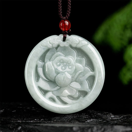 Mythstone Natural Jade Lotus Flower Carved Prosperity Necklace Pendant