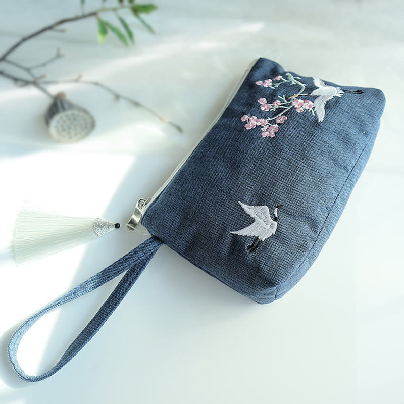 Mythstone Small Flower Plum Cherry Crane Peach Blossom Embroidery Canvas Wallet Shopping Purse