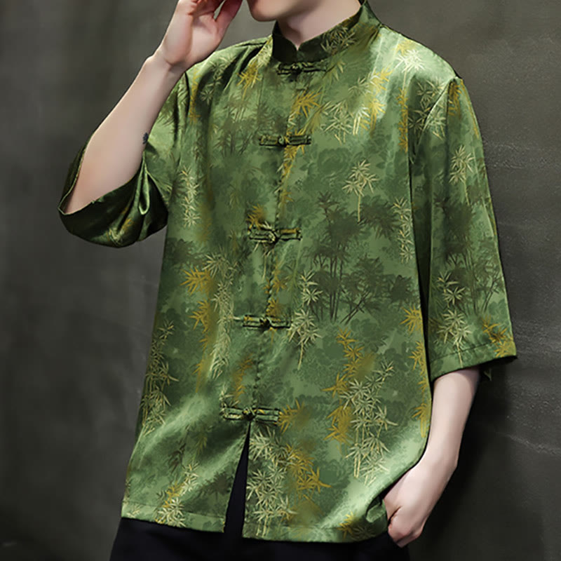 Mythstone Bamboo Leaves Pattern Chinese Half Sleeve Shirt Men T-shirt