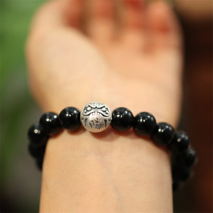 Mythstone 925 Sterling Silver Black Onyx Bead Character Engraved Protection Bracelet