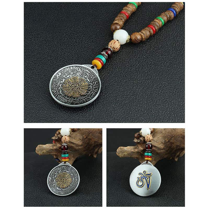 Collar con colgante de madera Vajra con rueda de oración tibetana Om Mani Padme Hum de Mythstone