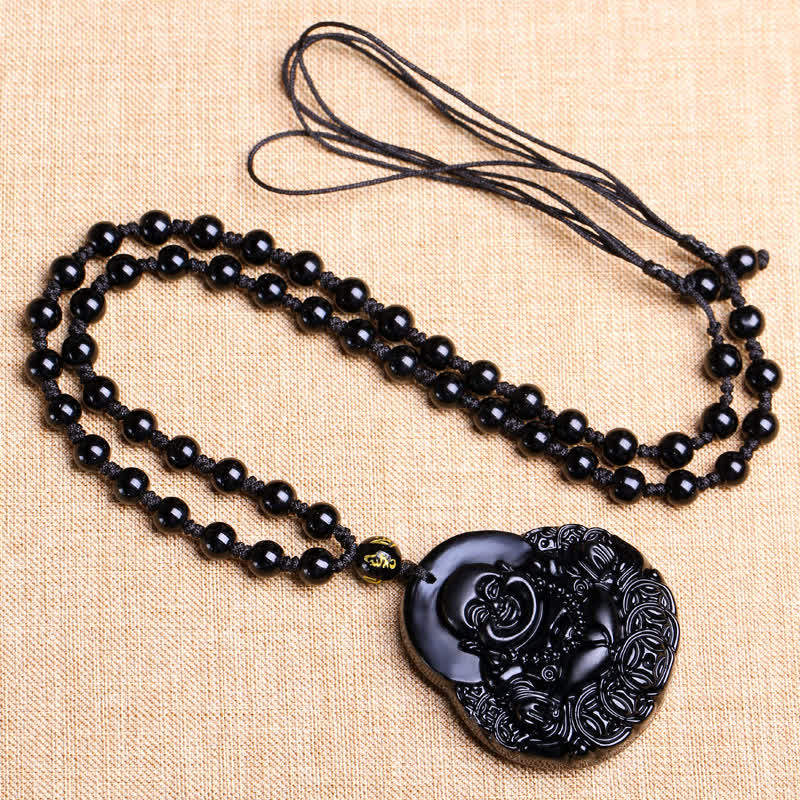 Collar con colgante de protección y fuerza de obsidiana negra con Buda sonriente de piedra mitológica 