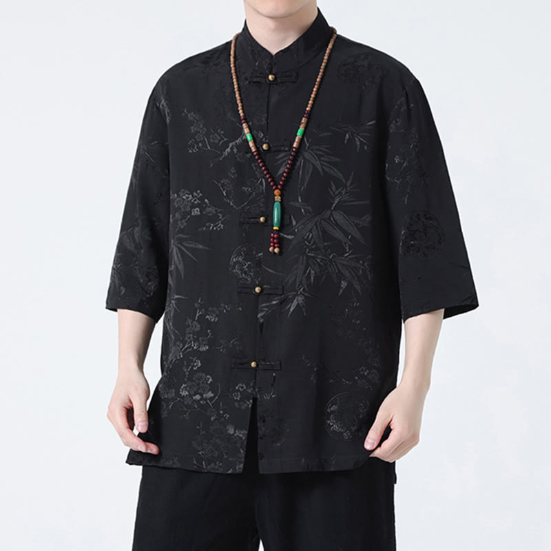 Mythstone Peach Blossom Bamboo Leaves Frog-button Chinese Half Sleeve Shirt Men T-shirt