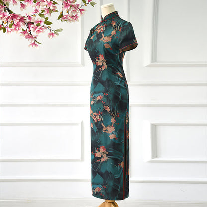 Mythstone Vintage Pink Flowers Print Cheongsam Dress Women's Qipao Dress