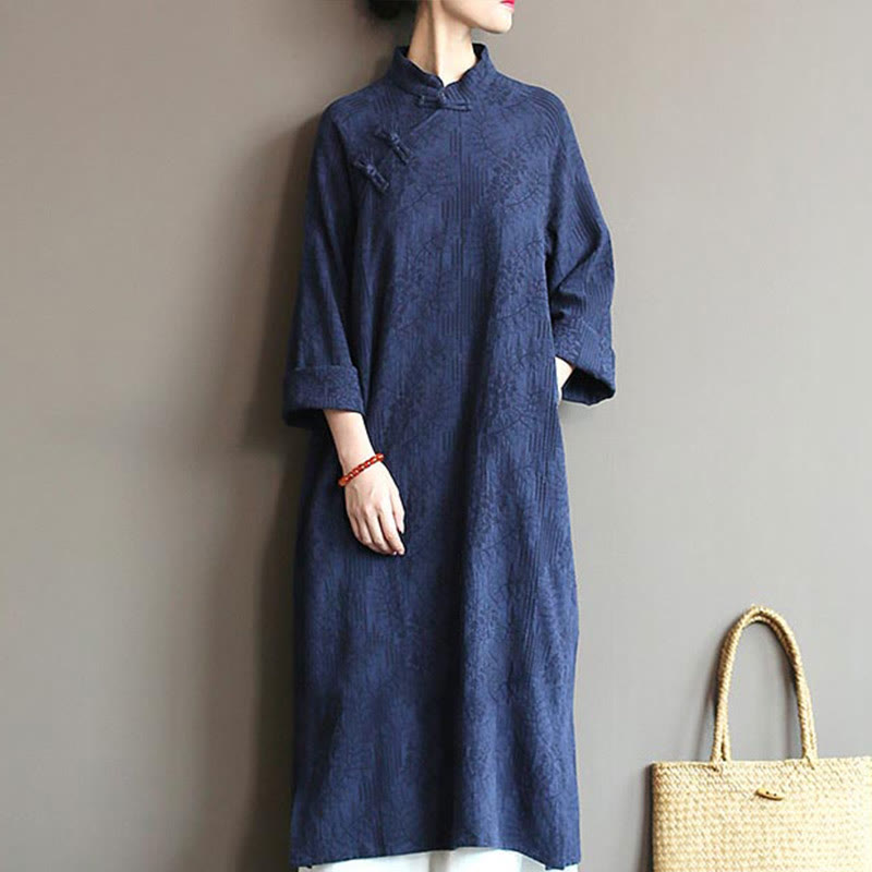 Mythstone Flower Jacquard Midi Dress Long Sleeve Cotton Linen Dress Wide Leg Pants With Pockets