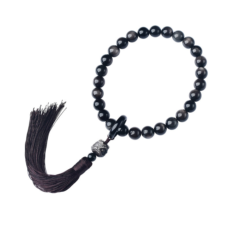 Mythstone Natural Silver Sheen Obsidian Lion Wrist Mala Protection Tassels Pocket Mala Car Decoration