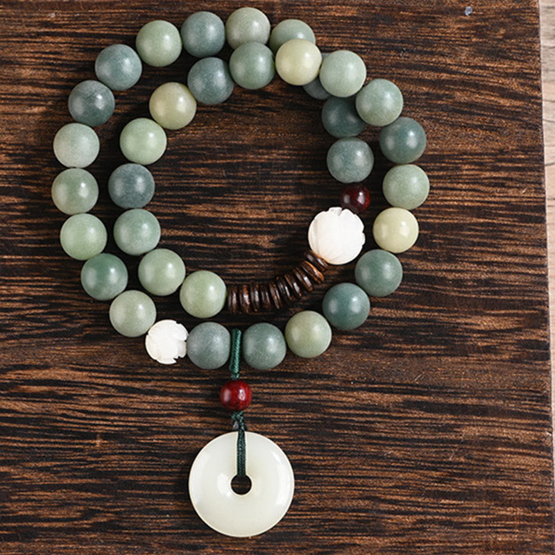 Pulsera de doble vuelta con hebilla de paz y sabiduría, semilla de bodhi, loto y jade cian