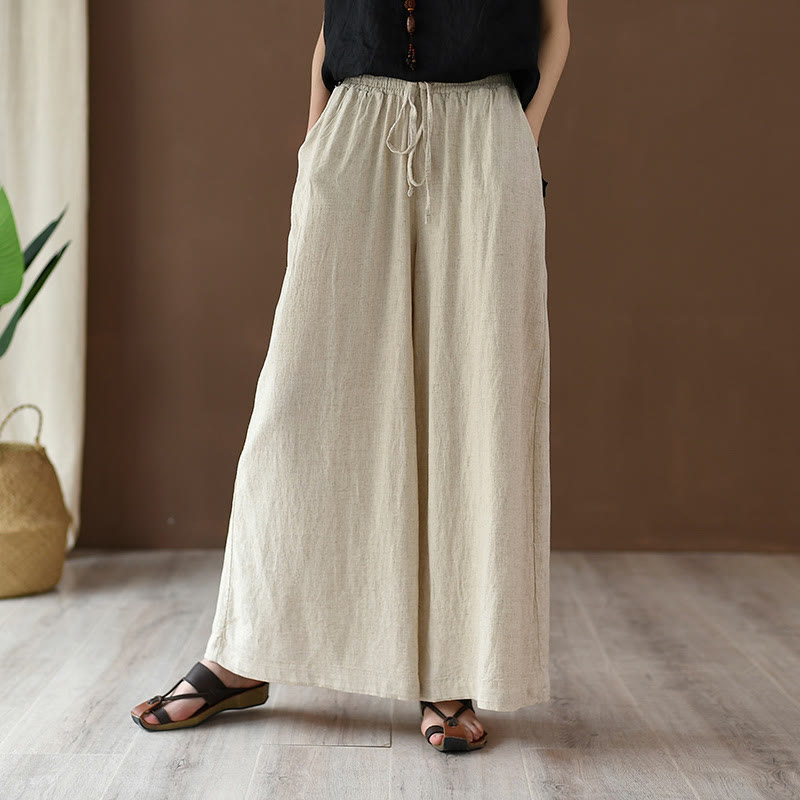 Mythstone Loose Cotton Linen Drawstring Wide Leg Pants With Pockets