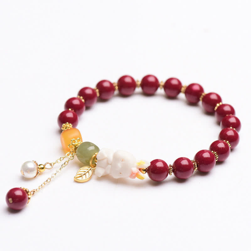 MythStone Year of the Rabbit Cinnabar Hetian Jade Bunny Beaded Blessing Bracelet