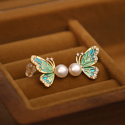 Mythstone 925 Sterling Silver Posts 18K Gold Plated Copper Natural Pearl Butterfly Healing Stud Earrings