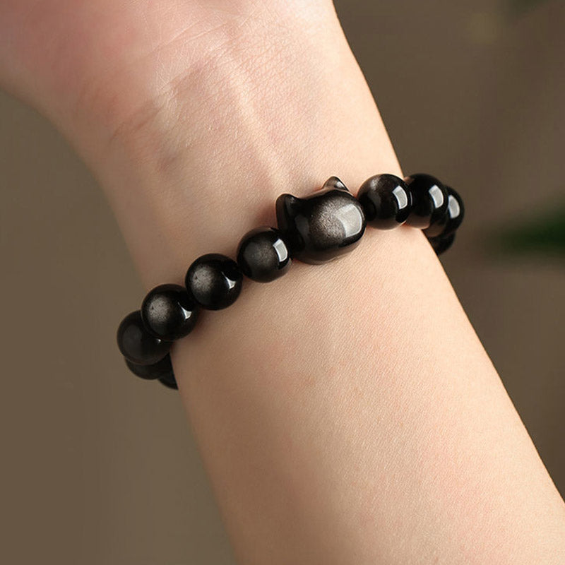 Mythstone Gold Sheen Obsidian Silver Sheen Obsidian Lovely Paw Lucky Cat Protection Bracelet