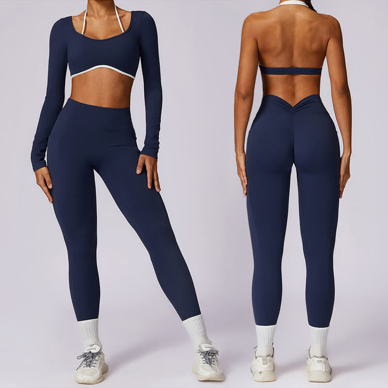 Mythstone Solid Color Halter Neck Bra Long Sleeve Crop Tank Top Pants Sports Fitness Gym Yoga Outfits