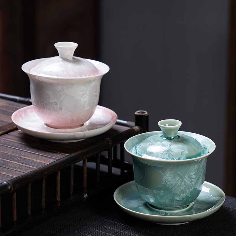 Mythstone Traditional Glaze Ceramic Gaiwan Sancai Teacup Kung Fu Tea Cup And Saucer With Lid 180ml