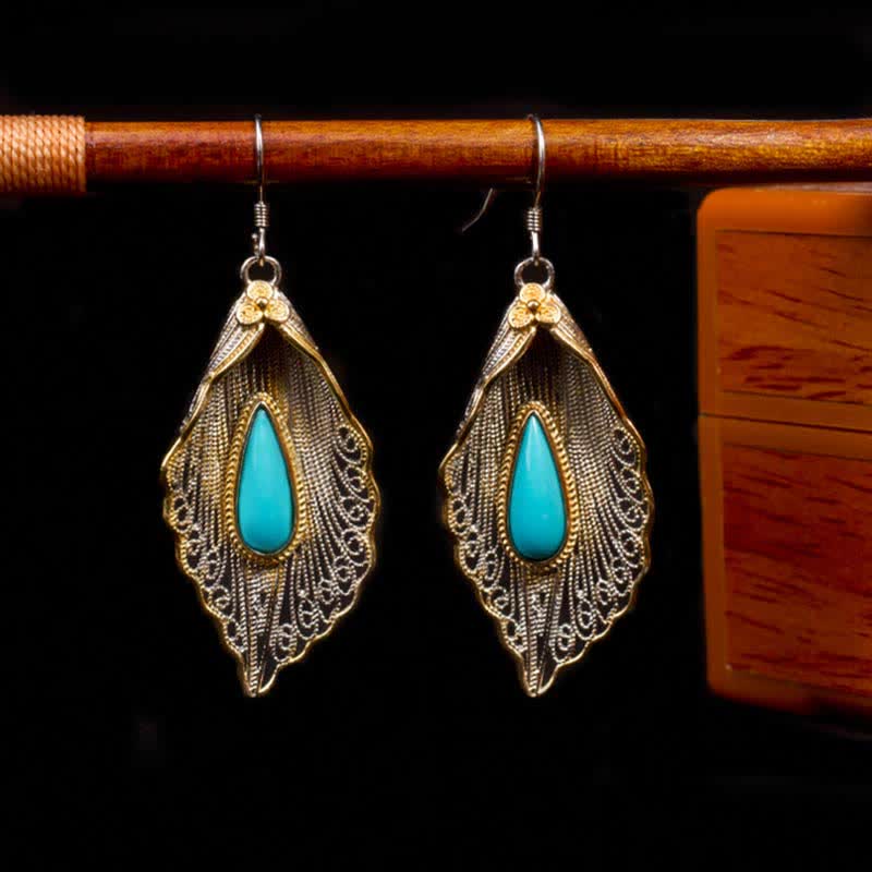 Mythstone 925 Sterling Silver Turquoise Bodhi Leaf Pattern Protection Drop Dangle Earrings