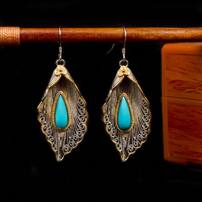 Mythstone 925 Sterling Silver Turquoise Bodhi Leaf Pattern Protection Drop Dangle Earrings