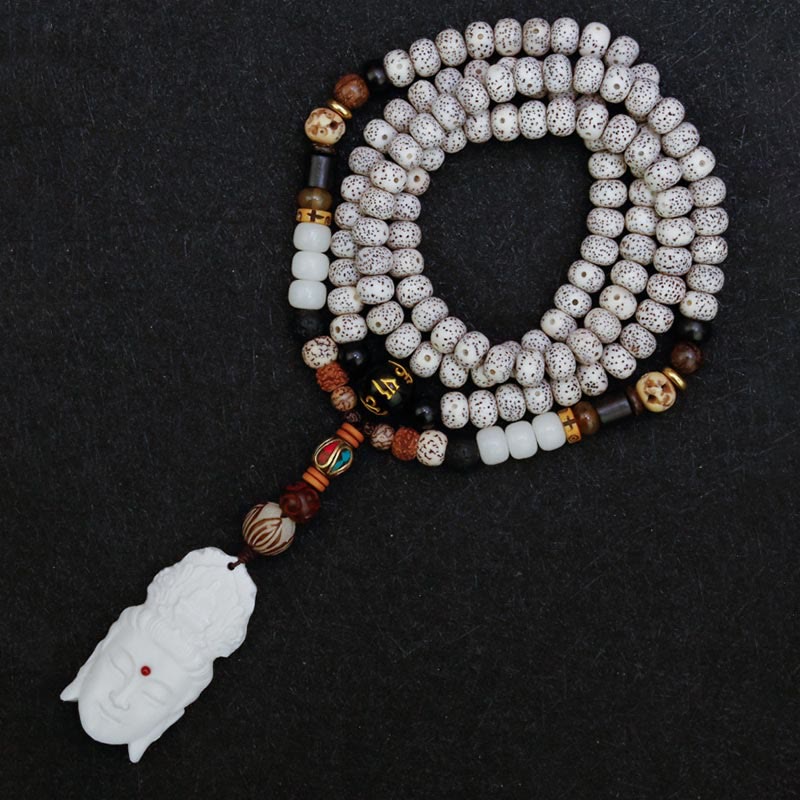 Mythstone 108 Mala Beads Bodhi Seed Yak Bone Avalokitesvara Lucky Pixiu Guan Gong Buddha Demon Peace Tassel Bracelet