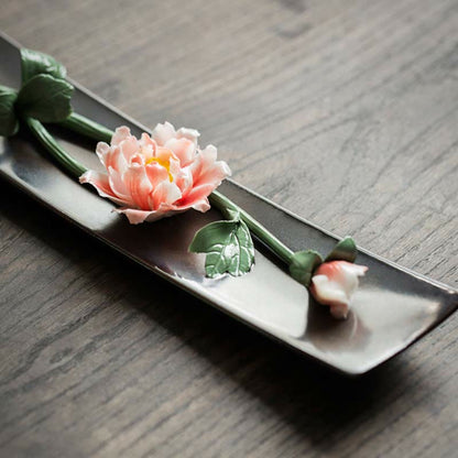 Quemador de incienso espiritual de cerámica con flor de loto, peonía y rosa