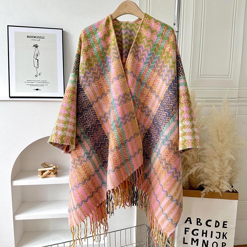 Mythstone Tibetan Shawl Colorful Wavy Striped Shapes Tassels Winter Cozy Travel Scarf Wrap